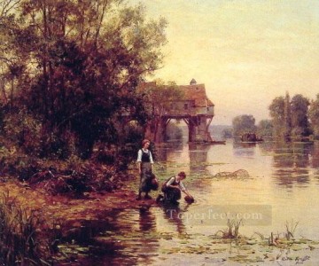  chicas Pintura - Dos niñas junto a un arroyo Louis Aston Knight